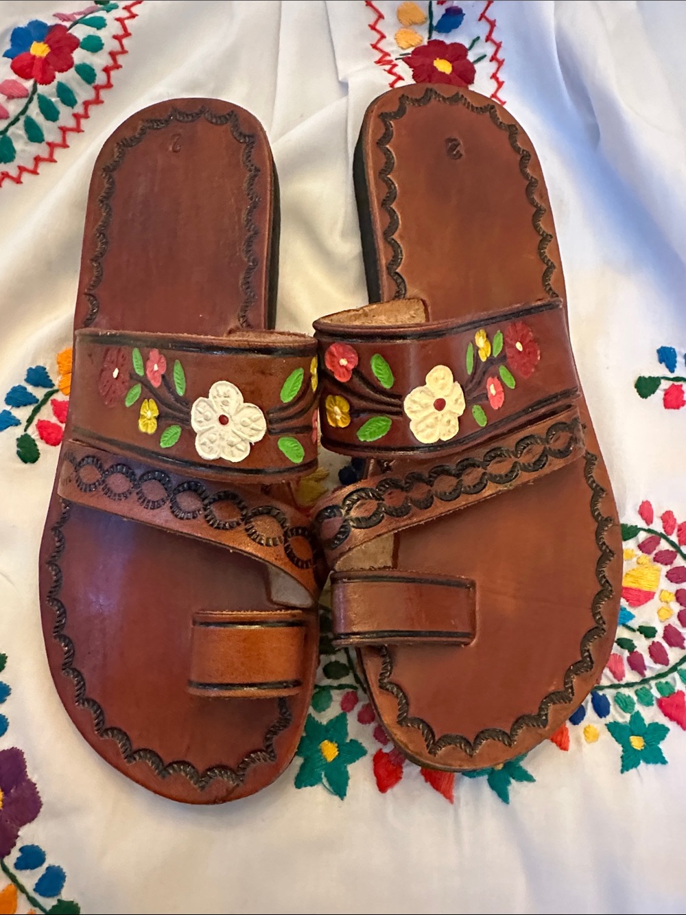 SIZE 5US Handcrafted Brown Leather Floral Slide Sandals